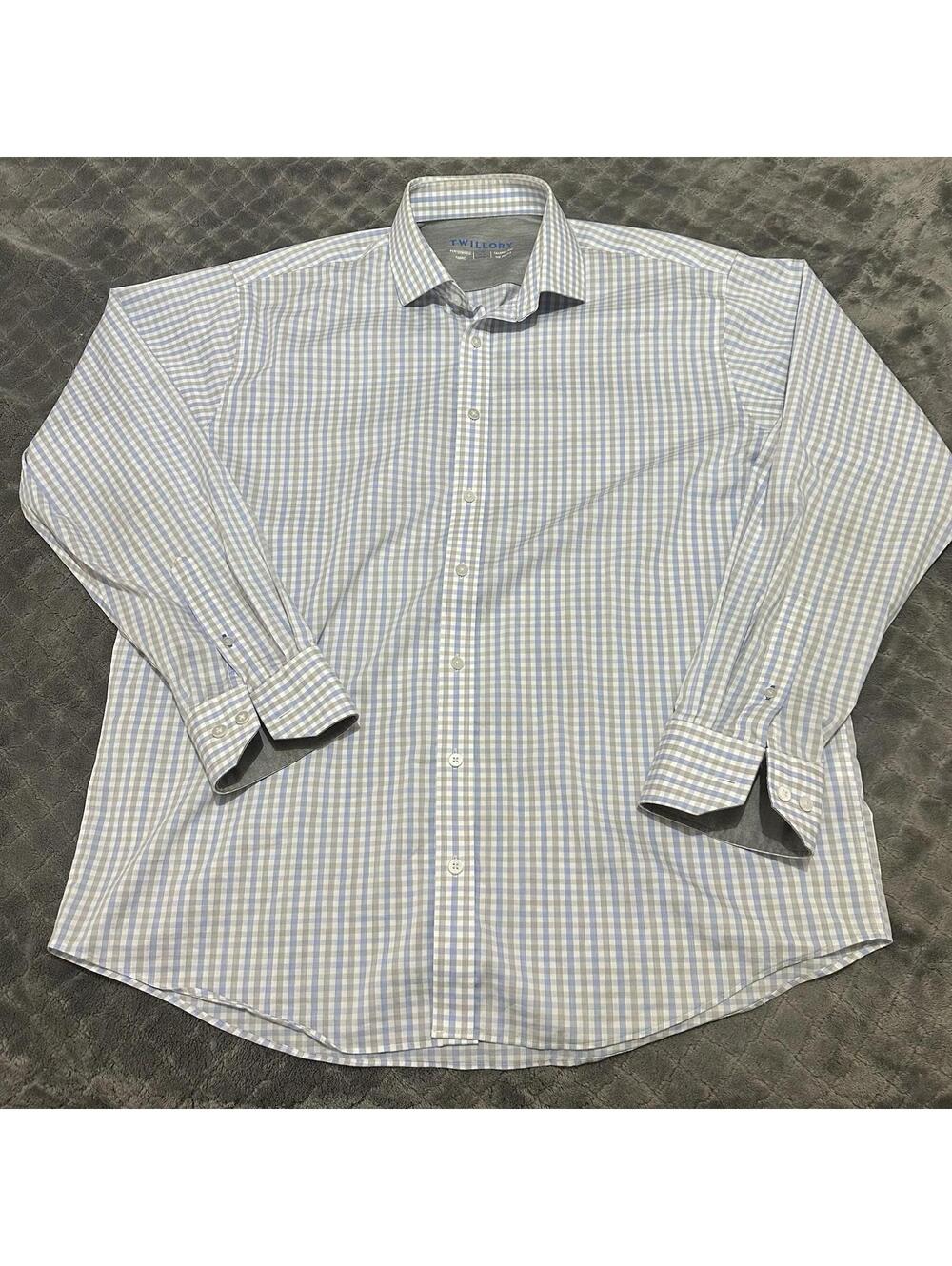 Twillory Performance Shirt Tailored Fit Men L 17 34-35 Blue Plaid Button Up